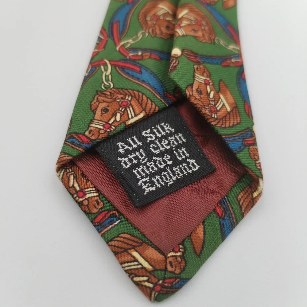 Aquascutum Tie Silk Handmade In England Necktie Horses Equestrian Green‎ Brown